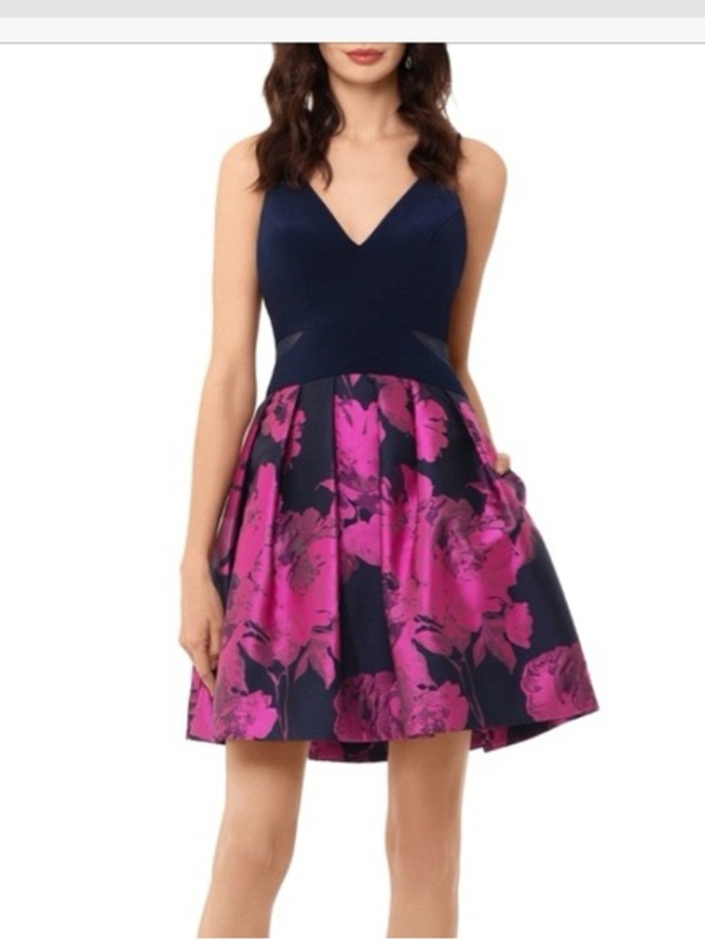 Xscape Navy and Fuchsia Floral V-Neck Fit-and-Flare Dress